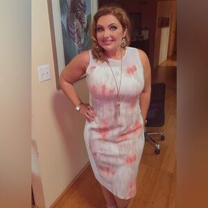 Tahari White and Pink Midi Dress